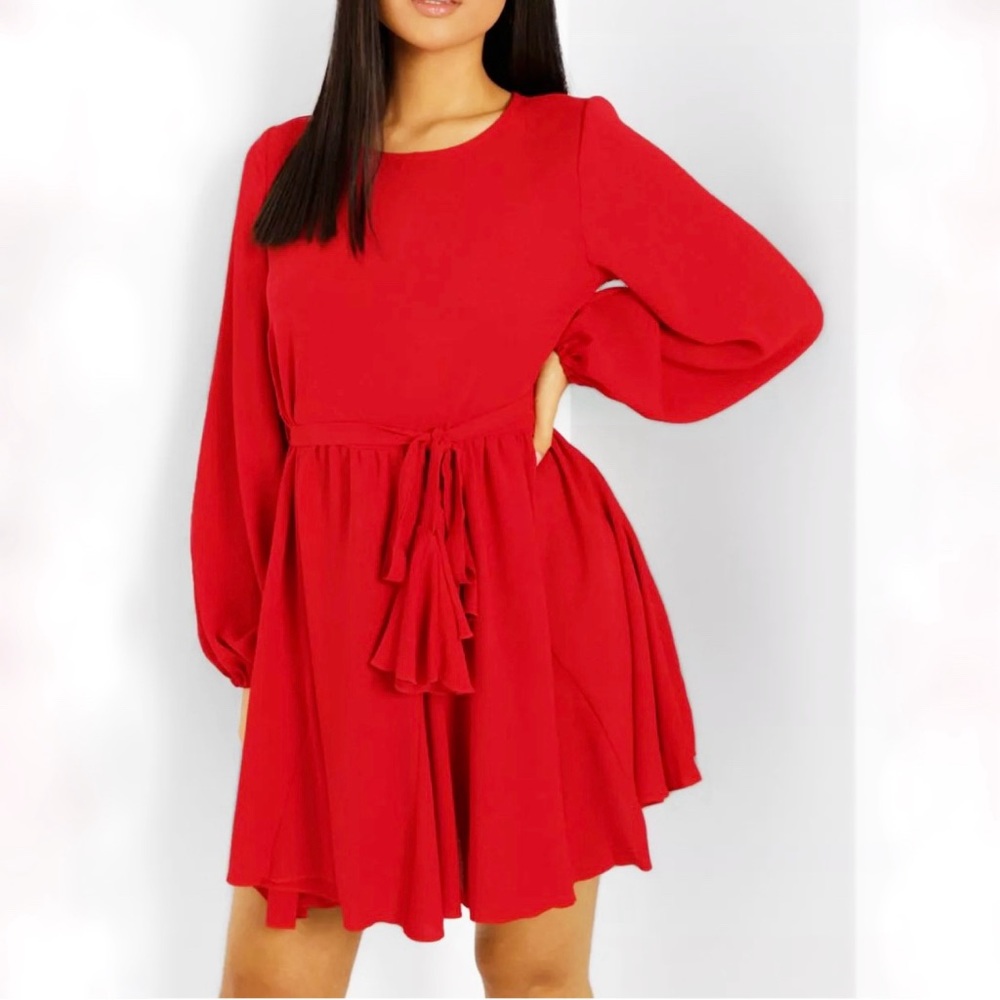 Petite Skater Mini Dress Blouson Long Sleeves Waist Tie Pleated Red 0